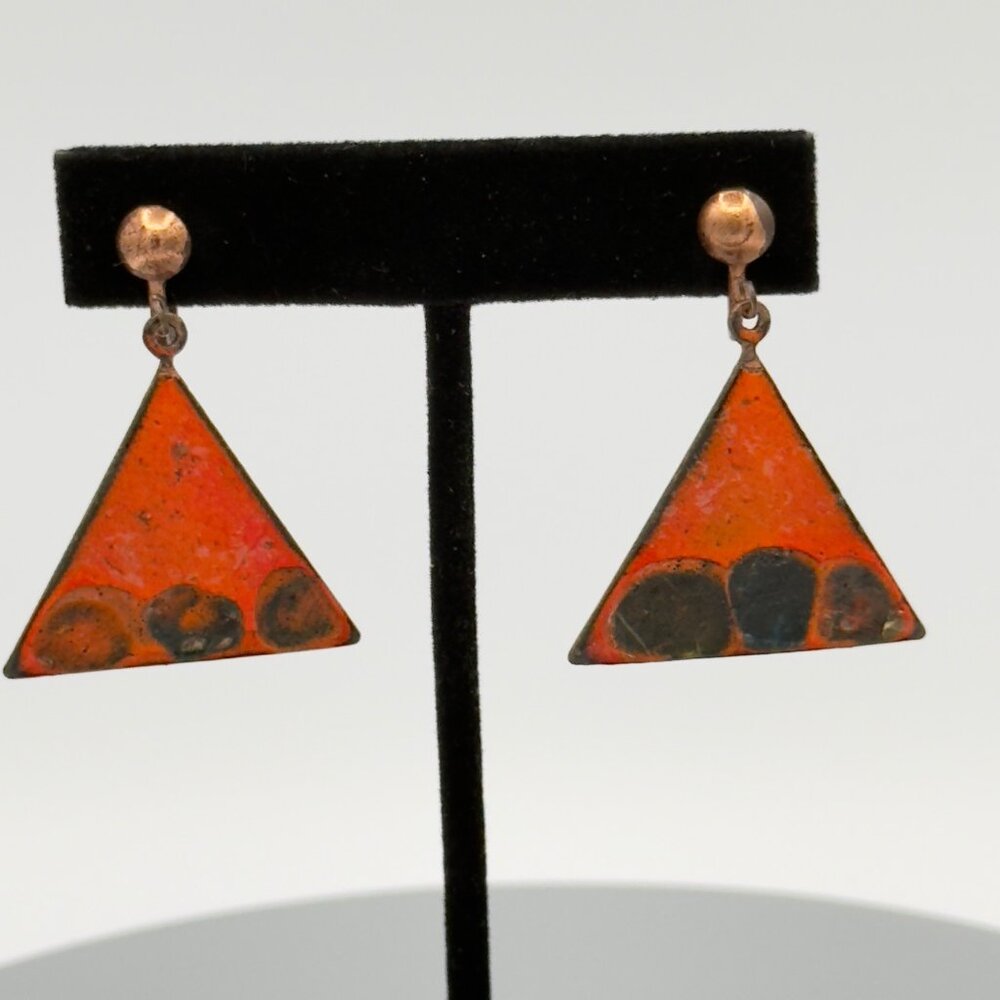 Vintage Artistic Copper Orange Enamel Triangle Screw Back Earrings